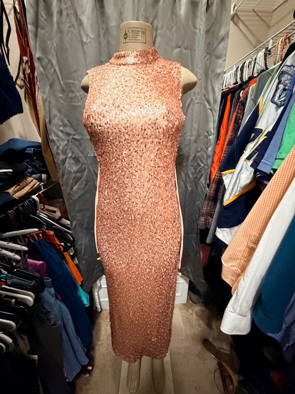 Sleeveless Rose Gold Sequin Midi Dress